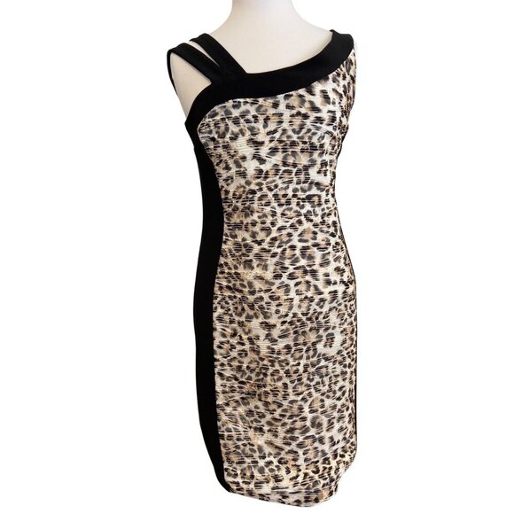 Frank Lyman Design One-Shoulder Leopard Print Black Panel Dress Size 10 - Picture 1 of 16
